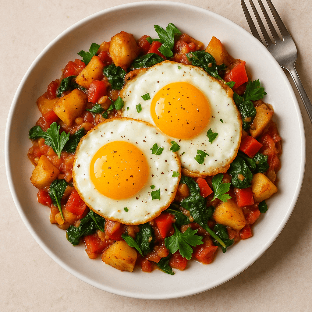 A vibrant dish with two sunny-side-up eggs atop sautéed potatoes, tomatoes, bell peppers, spinach, and parsley, served on a white plate.