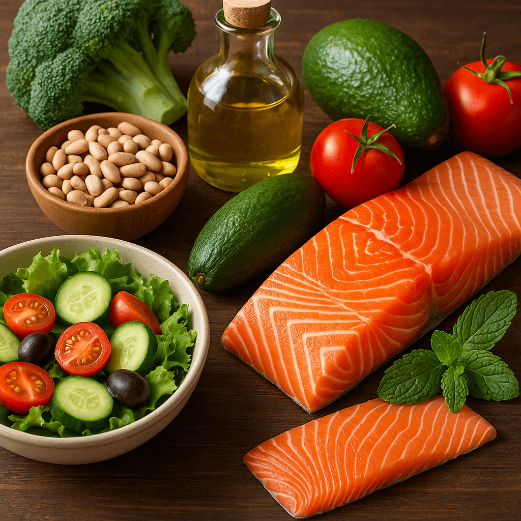 Fresh salmon, vegetables, beans, and olive oil arranged on a wooden surface.