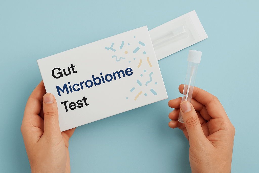 Hands holding a gut microbiome test kit, with one hand gripping a white box labeled 'Gut Microbiome Test' and the other holding a swab tube, displayed against a light blue background