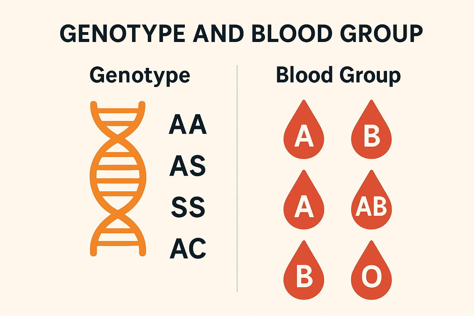 Alt Text: Infographic showing blood group compatibility and genotype pairings with outcomes and health implications.