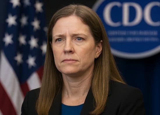 A woman in a blazer stands before a U.S. flag and CDC logo, symbolizing a news story on vaccine policy changes.