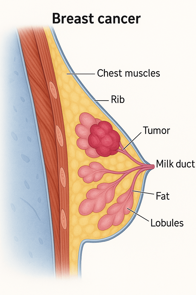A medical illustration showing a cross-section of a breast with labeled structures, including a tumor, milk ducts, lobules, fat, ribs, and chest muscles.