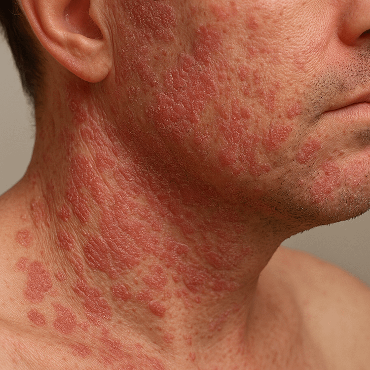 Close-up of inflamed, red, scaly patches of skin on the neck and lower face, characteristic of eczema or a similar skin condition