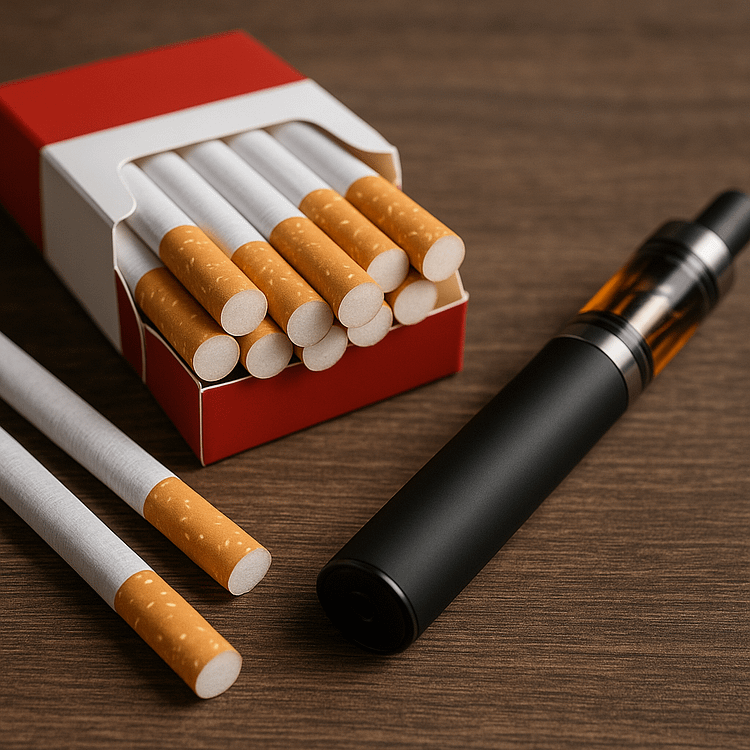 A pack of cigarettes with a few sticks partially pulled out, placed next to a sleek black vape pen on a wooden surface.
