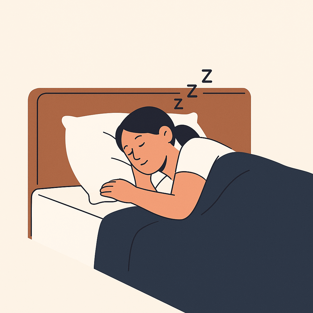 A minimalist illustration of a woman sleeping on her side under a navy-blue blanket, with "Z" symbols above her head on a beige background.